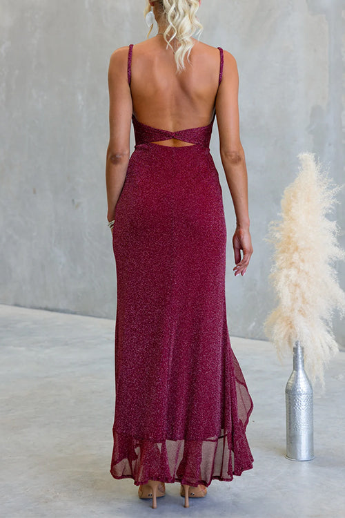 Glitter V Neck Backless Ruffle Slit Maxi Cami Dress