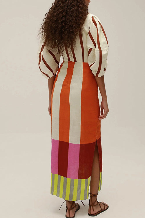 Margovil Knot Front Cut Out Puff Sleeves Side Slit Printed Midi Dress