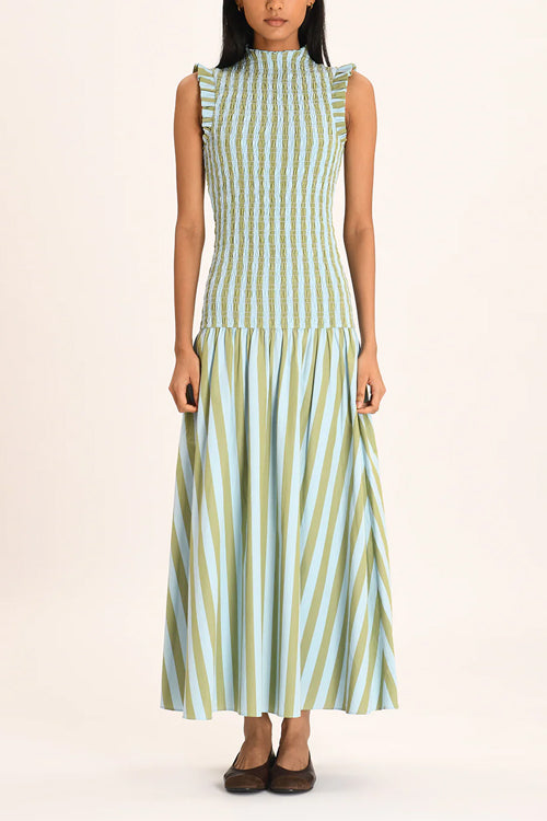High Neck Sleeveless Smocked Bodice Striped Midi Dress