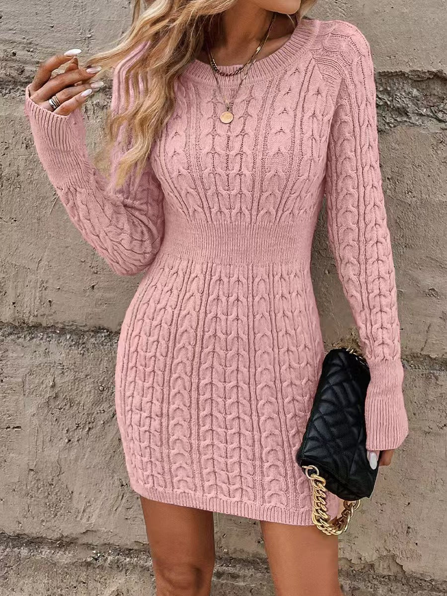 Crewneck Long Sleeves Cable Knit Bodycon Mini Sweater Dress