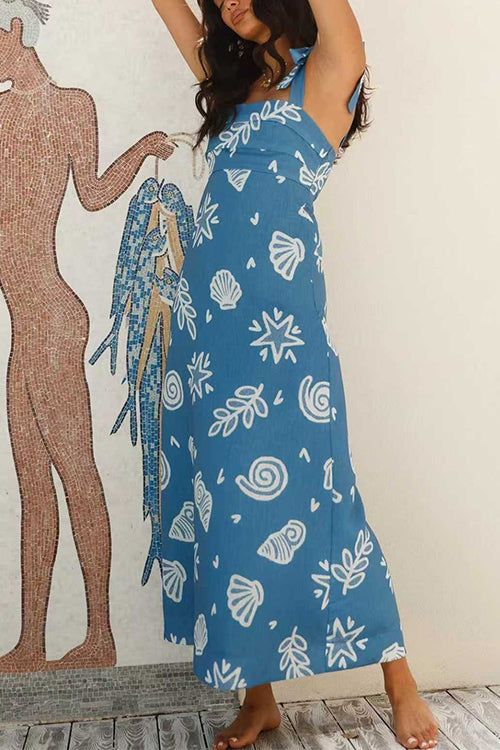 Bow Shoulder Sleeveless Seashell Print Maxi Dress