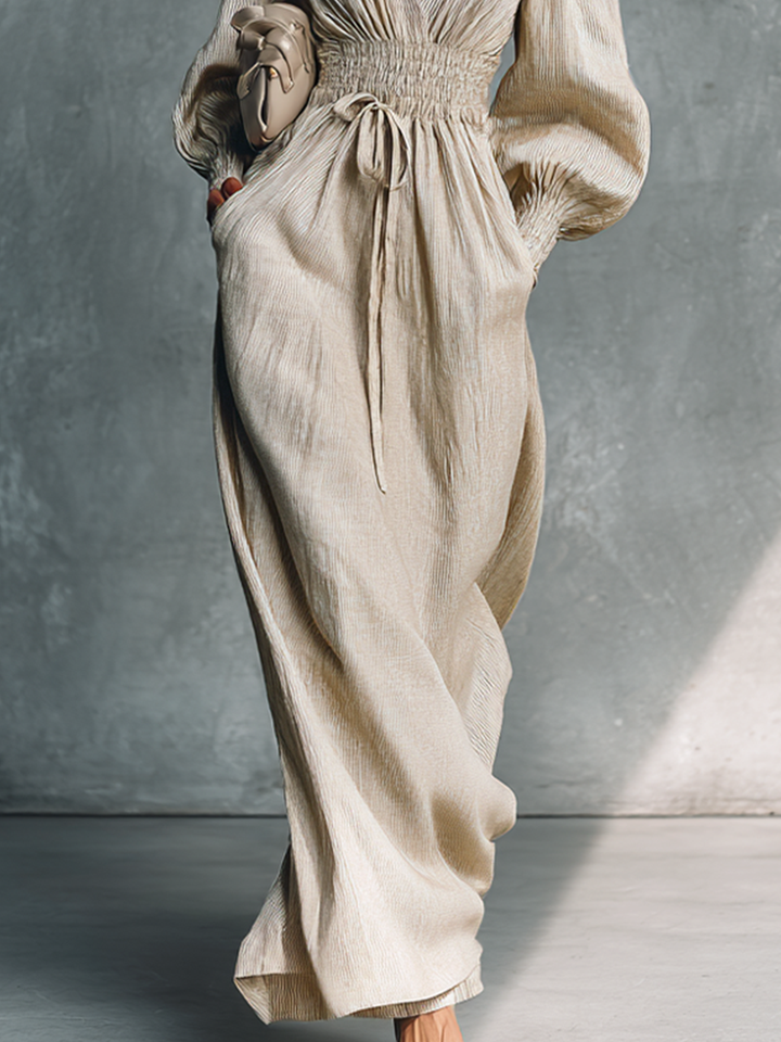 Women's Beige Cotton Linen Striped V-Neck Shirred Waist Maxi Dress MDZ0361C4BA