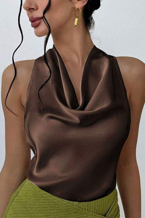 Margovil Cowl Neck Sleeveless Bow Back Satin Top