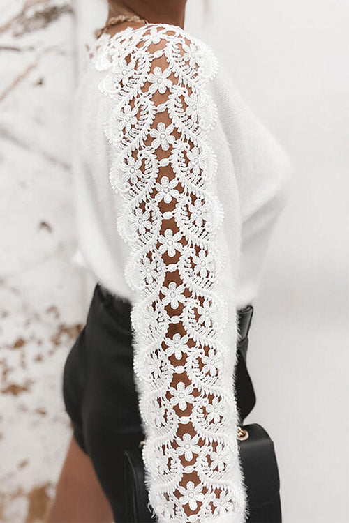 Margovil Hollow Out Lace Splice Long Sleeves Knit Top