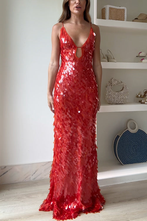 Margovil V Neck Cut Out Sequin Bodycon Maxi Cami Party Dress