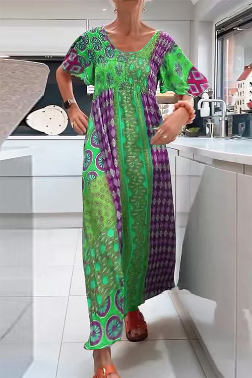Margovil Round Neck Short Sleeves Printed Maxi Dress