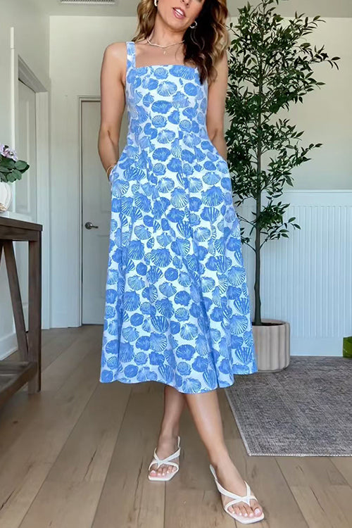 Square Neck Sleeveless Shell Print Pocketed Midi Dress