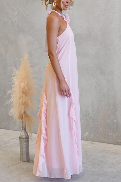 Halter Neck Open Back Ruffle Trim Maxi Dress