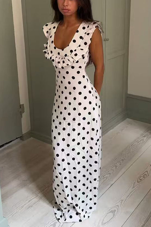 U Neck Ruffle Detail Polka Dot Maxi Dress