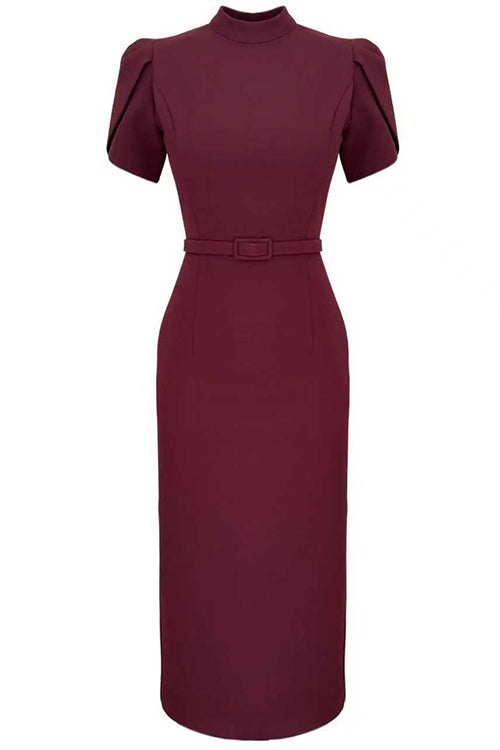 Mockneck Puff Short Sleeves Back Slit Midi Dress