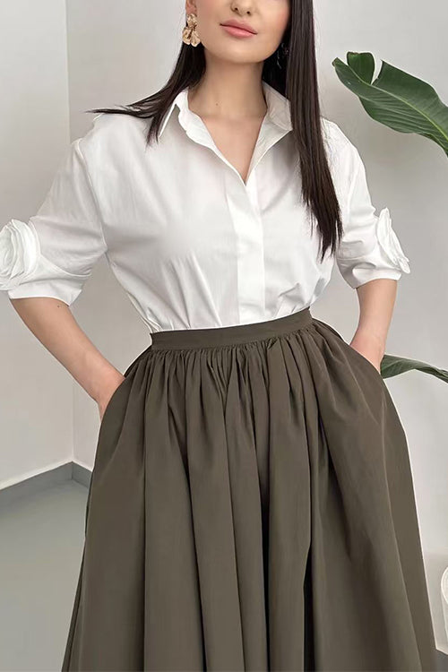 Lapel Short Sleeves Button Up Flower Detail Shirt