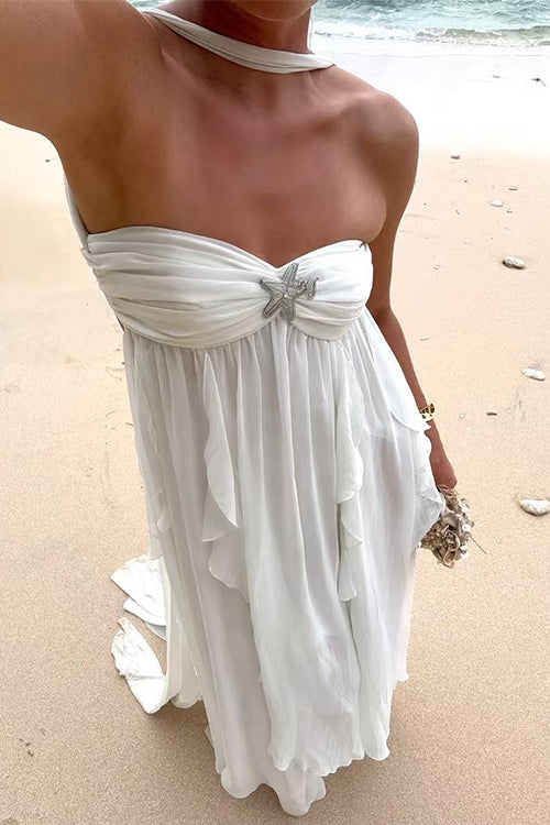 Margovil Sleeveless Open Back Ruffle Trim Slit Maxi Dress