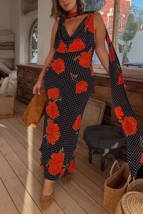 Margovil Cowl Neck Backless Floral Print Maxi Dress with Scarf