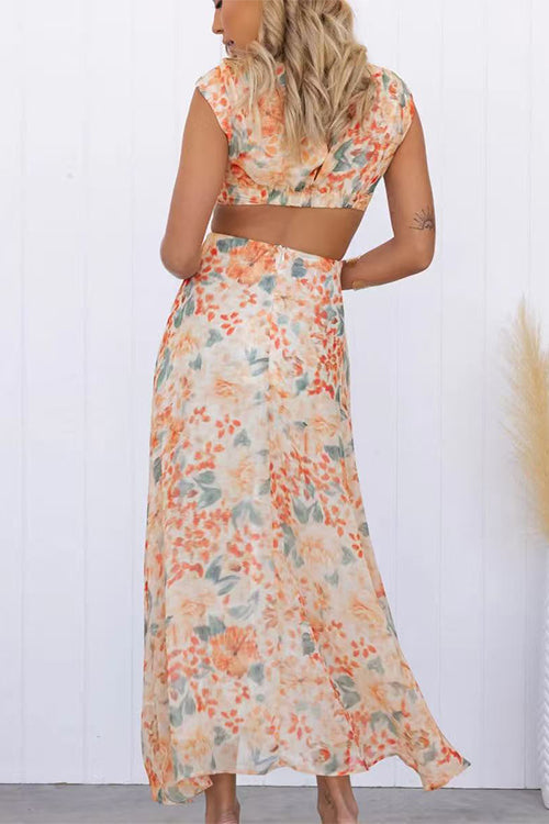 Crewneck Cut Out Waist Floral Print Maxi Dress