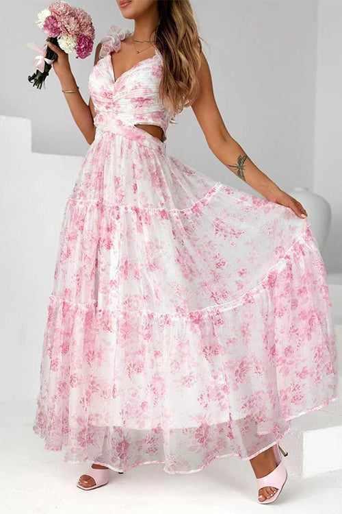V Neck Sleeveless Cut Out Waist Floral Print Ruffle Maxi Dress