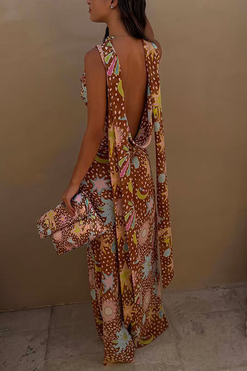 Margovil Cowl Neck Open Back Printed Maxi Dress with Scarf