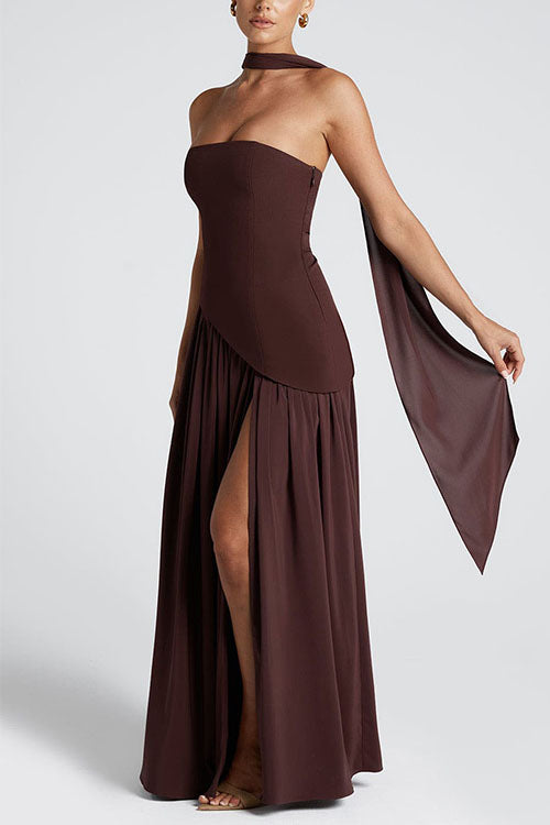 Margovil Strapless Back Lace-up High Slit Splice Maxi Dress