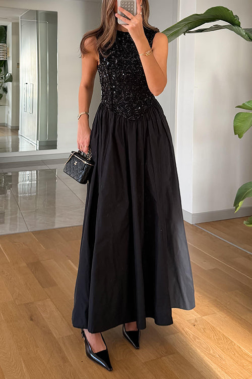 Margovil Crewneck Sleeveless Glitter Sequin Splice Maxi Dress