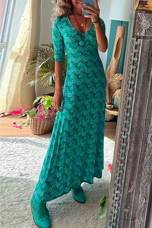 Margovil Scoop Neck 3/4 Sleeve Maxi Floral Dress