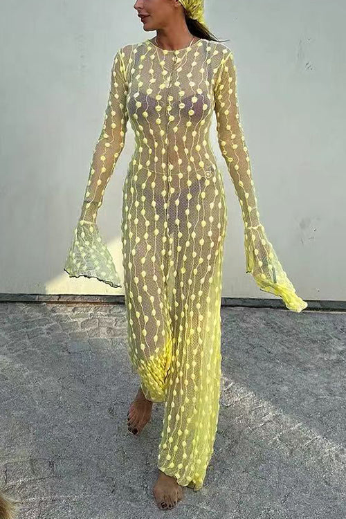 Crewneck Bell Long Sleeves Polka Dot Tulle Cover Up Maxi Dress