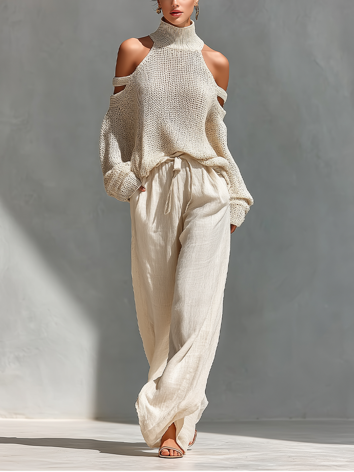 Women's Beige Knit Fabric Cold-Shoulder Turtleneck Top & Wide-Leg Pants Set MDZ0984A5T