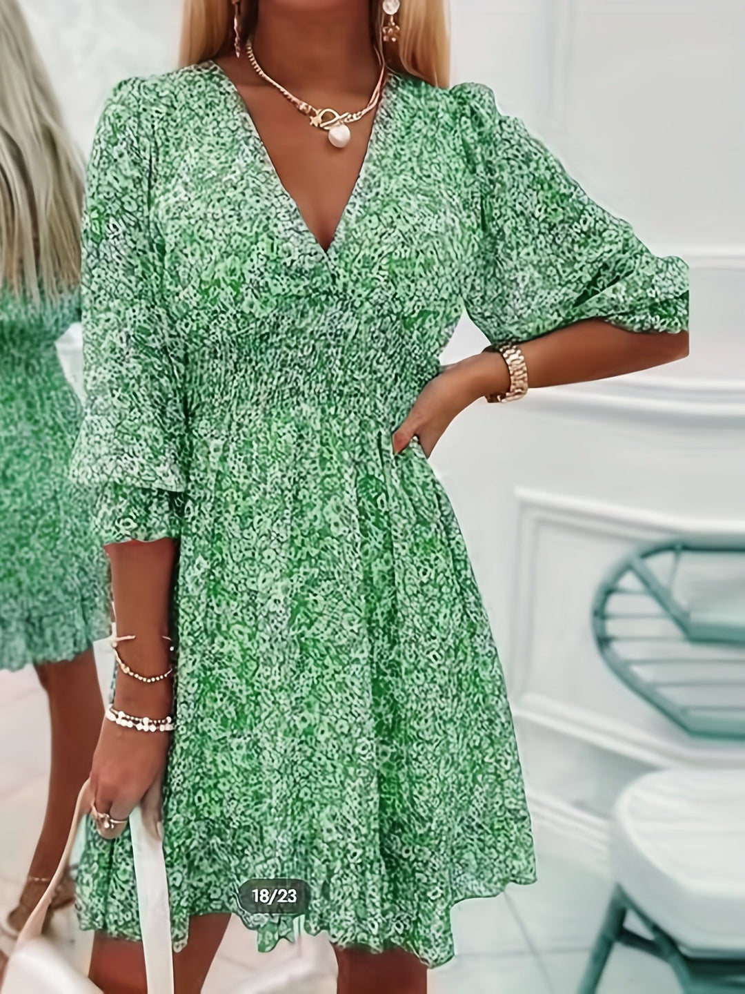 Boharra | Floral V-Neck Flutter Sleeve Shirred Tent Knee-Length Dress