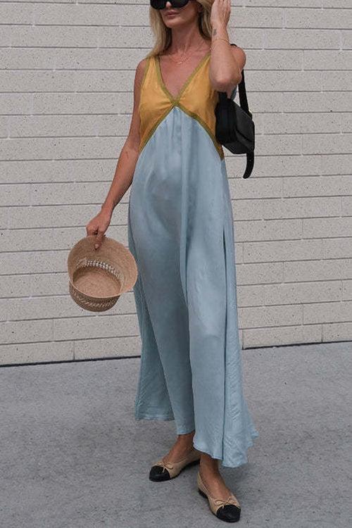 Margovil V Neck Color Block Sleeveless Maxi Swing Dress