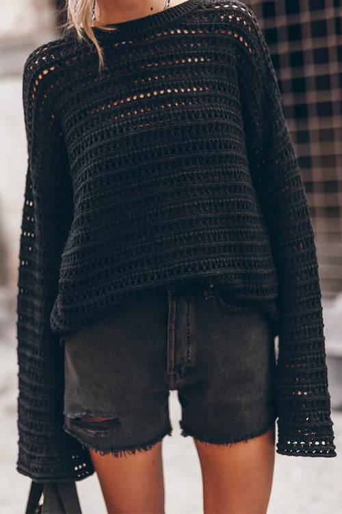 Margovil Crewneck Long Sleeves Hollow Out Boho Knitting Pullovers