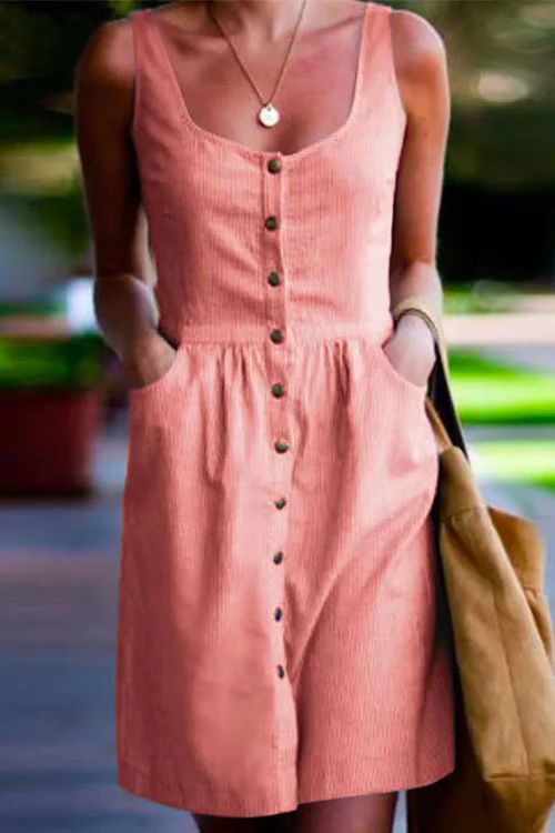 Margovil Buttons U Neck Sleeveless Striped Dress with Pockets