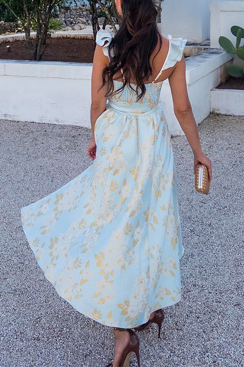 Margovil Ruffled Shoulder Bow Knot Waist Slit Printed Vintage Party Dress