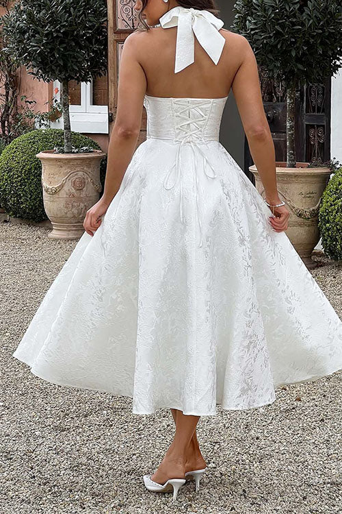 Margovil Halter V Neck Waisted Jacquard Swing Midi Party Dress