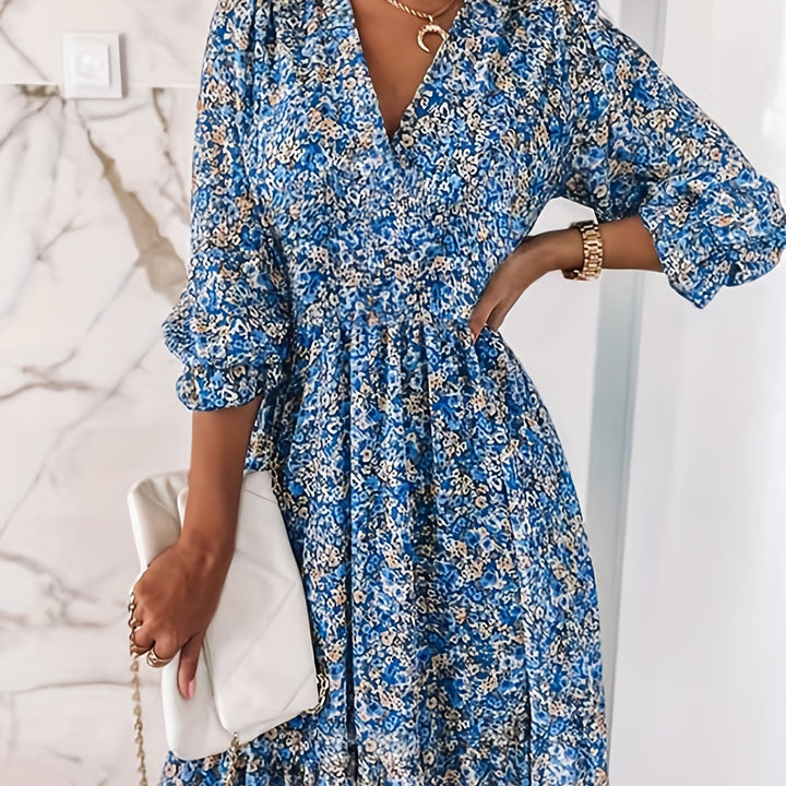 Boharra | Floral V-Neck Flutter Sleeve Shirred Tent Knee-Length Dress