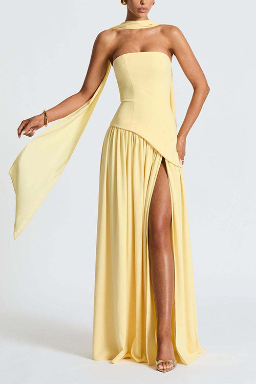 Margovil Strapless Back Lace-up High Slit Splice Maxi Dress