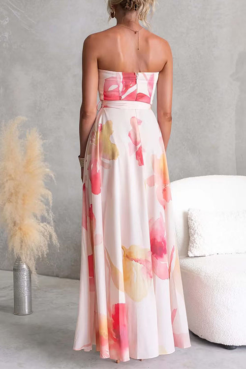 Strapless Tube Tie Waist Floral Print Maxi Dress