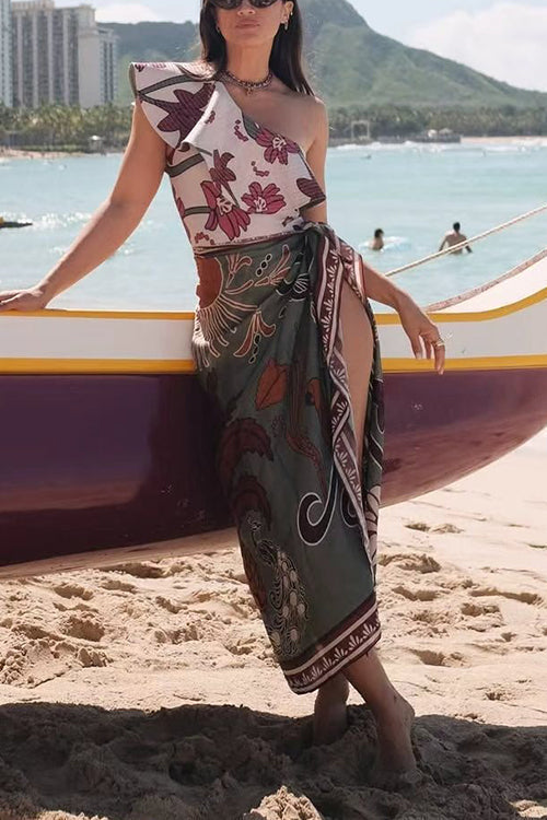 One Shoulder Sleeveless Floral Print One-piece Swimsuit