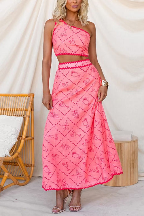 One Shoulder Printed Ric Rac Trim Crop Top