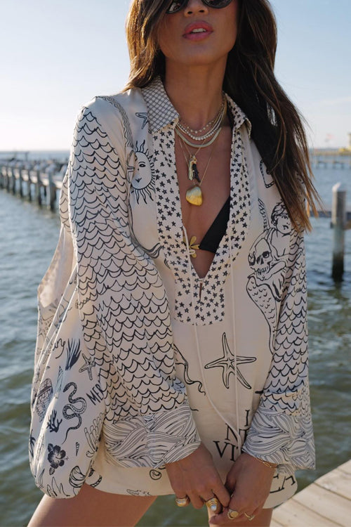 Margovil Collared V Neck Shirt and Side Slit Shorts Vitamin Sea Print Set