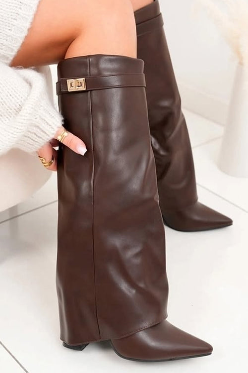 Margovil Zipper Pointed Toe Fold Over Leather High Boots