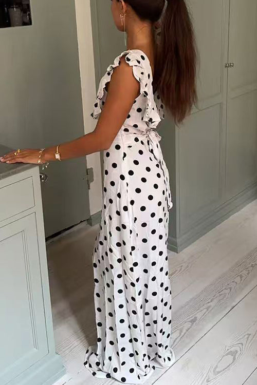 U Neck Ruffle Detail Polka Dot Maxi Dress