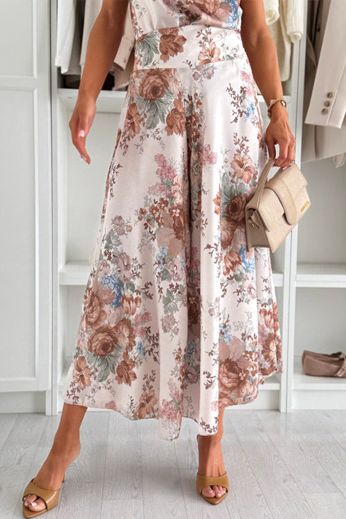 Elastic Waist Floral Print Wide Leg Cropped Pants