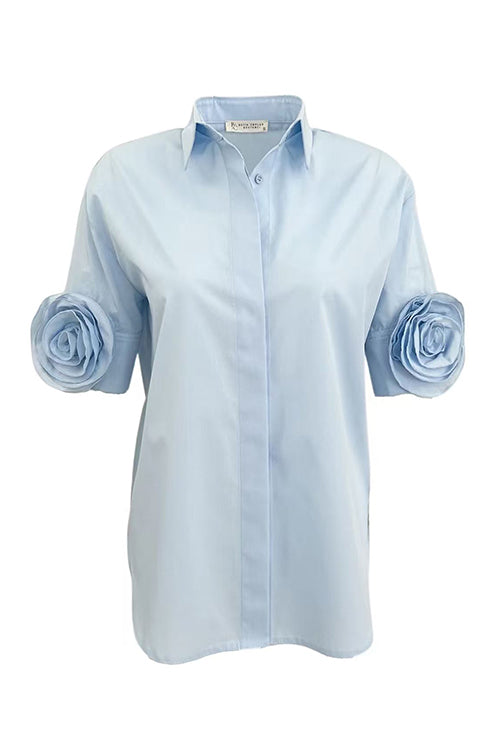 Collared Short Sleeves Button Down Flower Detail Shirt