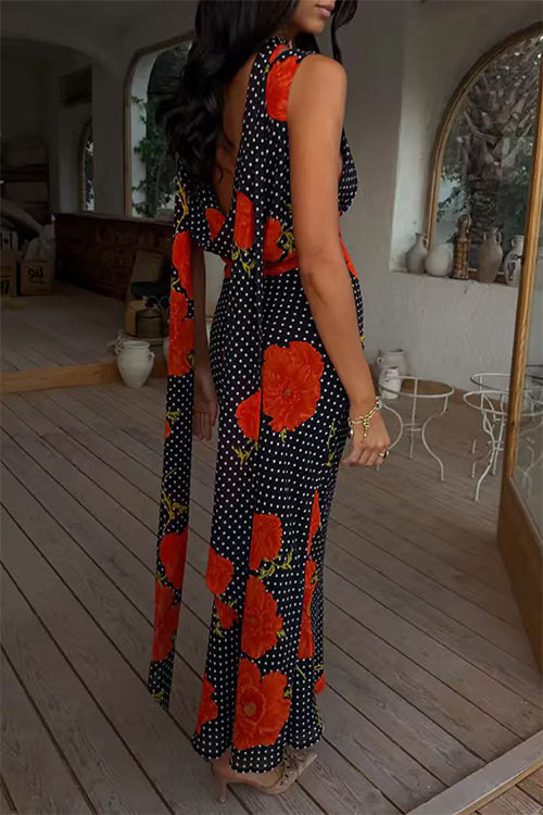 Margovil Cowl Neck Backless Floral Print Maxi Dress with Scarf