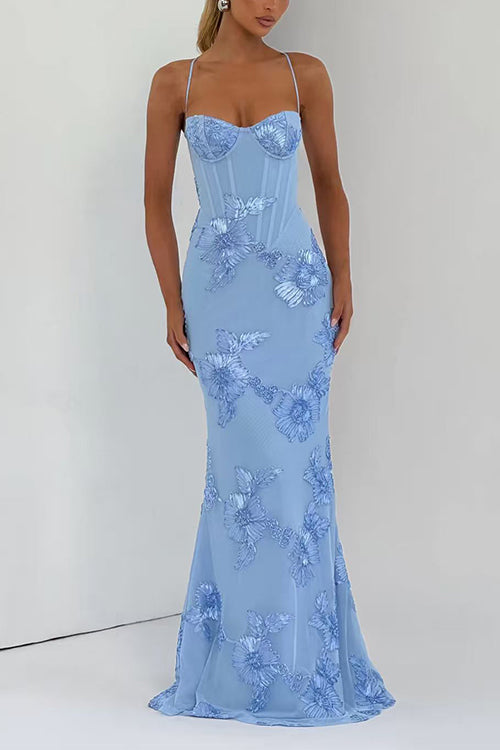 Margovil Backless Lace-up Corset Flower Embroidery Maxi Cami Dress
