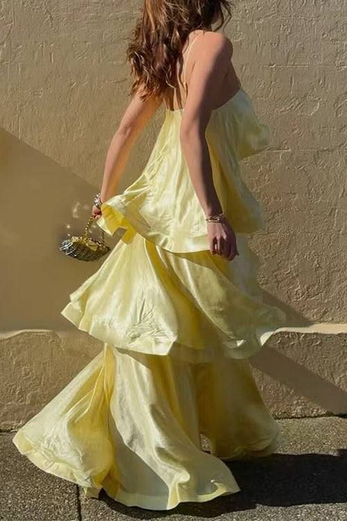 Margovil Spaghetti Strap Ruffle Layered Satin Maxi Dress