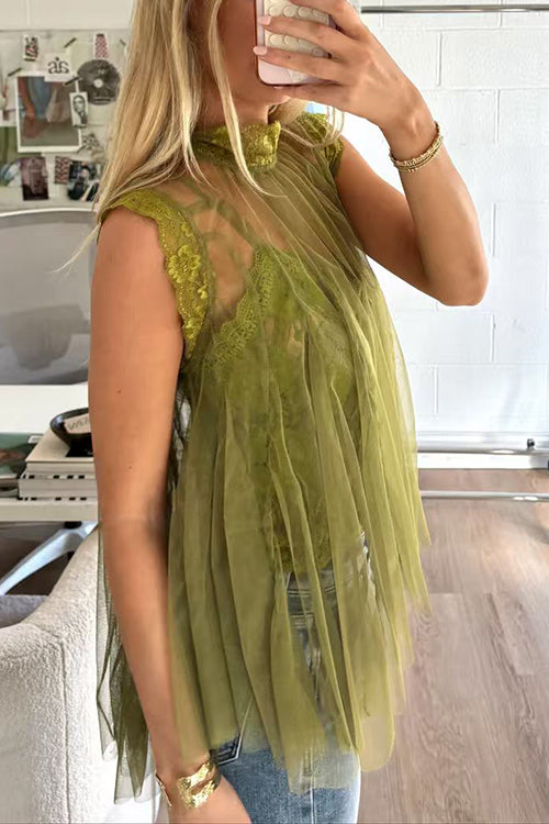 Solid Mockneck Tulle Cover Up Top with Crop Lace Camisole