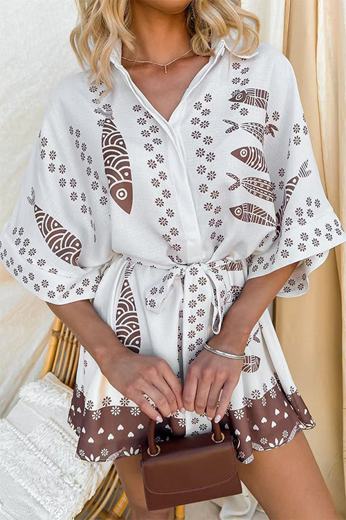 Half Sleeves Button Up Bow Waist Fish Print Romper