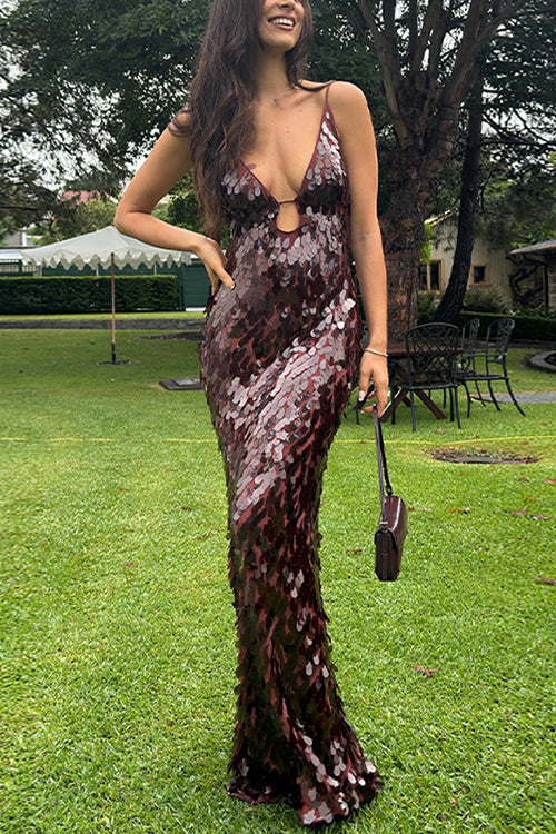 Margovil V Neck Cut Out Sequin Bodycon Maxi Cami Party Dress