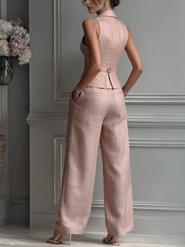 Women's Blush Pink Linen Fabric Sleeveless Vest & Wide-Leg Pants Two-Piece Set With Lapel Collar MDZ3005A5T