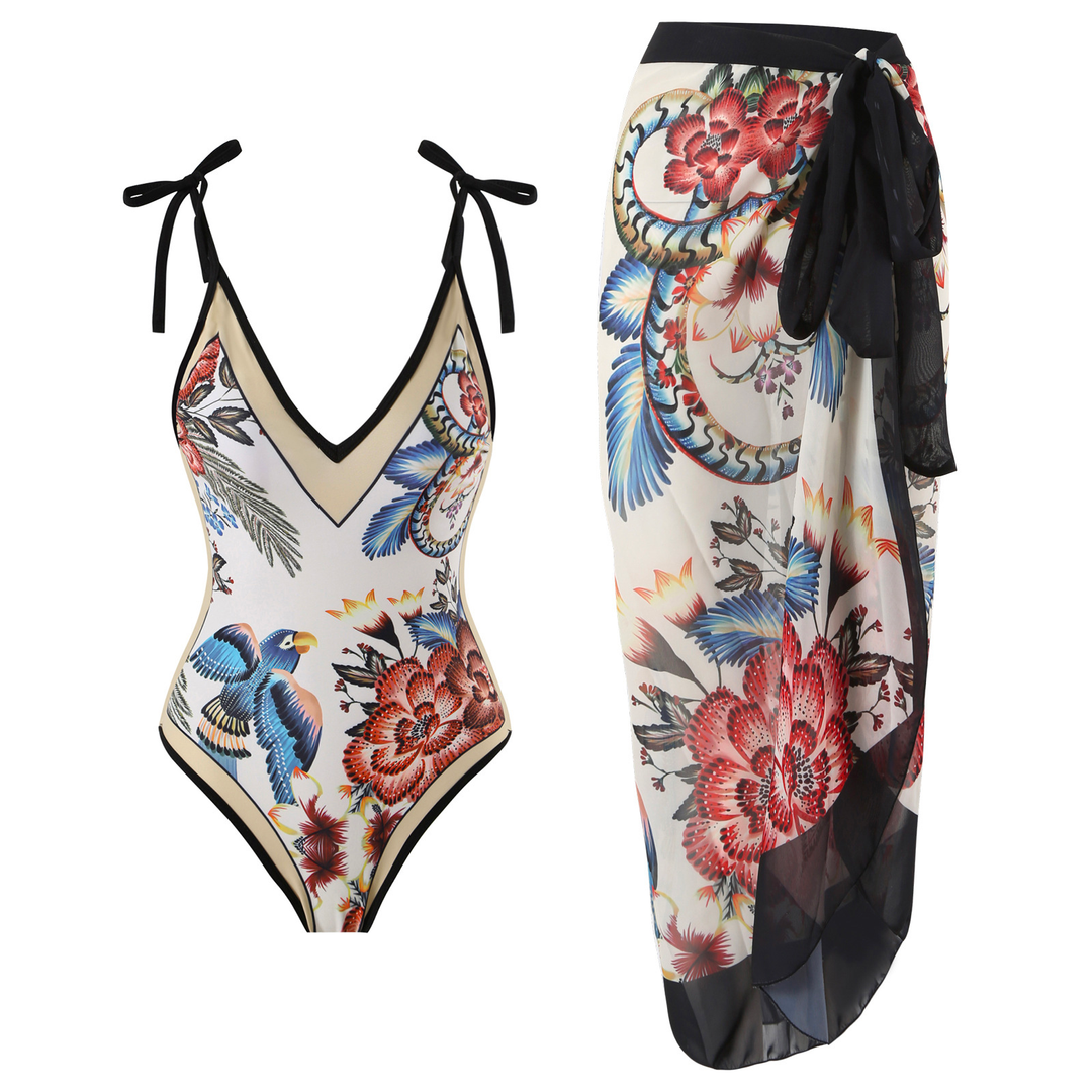Margovil Floral Print V Neck Tie Shoulder One-piece Swimwear and Wrap Cover Up Skirt Set