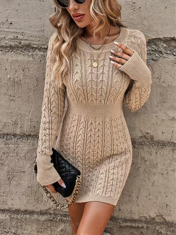 Crewneck Long Sleeves Cable Knit Bodycon Mini Sweater Dress